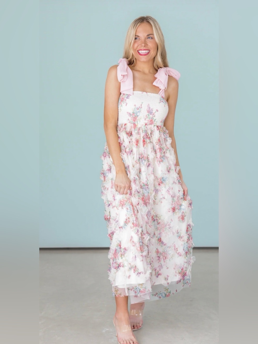 Kate Landry White Floral Maxi Dress with Pink Shoulder Ties